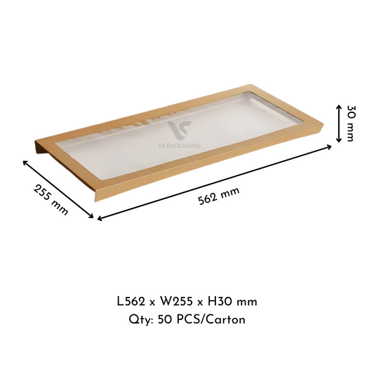 Kraft Catering Tray 3 Large Lid – 562×255×30mm Cardboard + PET Lid supplied by VS Packaging Australia (50pcs / Carton)
