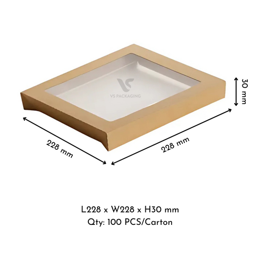 Kraft Catering Tray 5 Square Lid – 228×228×30mm Cardboard + PET Lid supplied by VS Packaging Australia (100pcs / Carton)