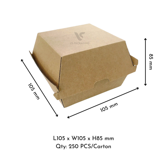 Kraft Corrugated Burger Box – Clamshell 105 × 105 × 85mm – Eco Takeaway Packaging – VS Packaging