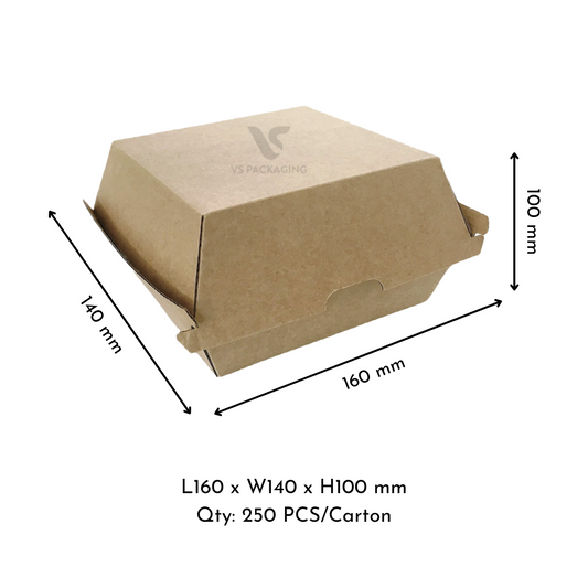 Kraft Corrugated Burger Box – Large Clamshell (160 × 140 × 100mm) VS Packaging