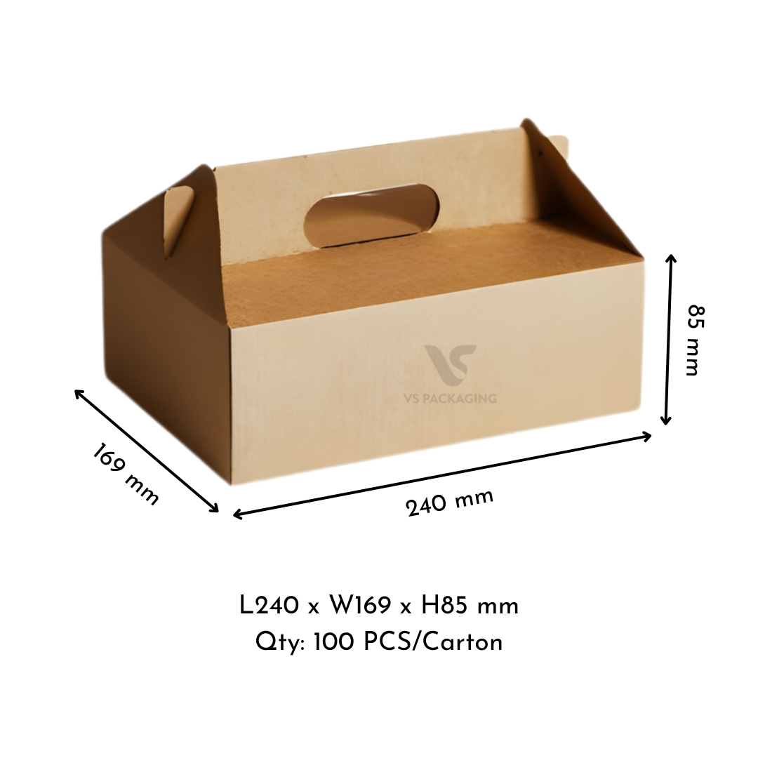 Kraft Corrugated Carry Box 1 Small – eco-friendly corrugated kraft takeaway box, 240 × 169 × 85 mm, recyclable cardboard, 100 per carton.