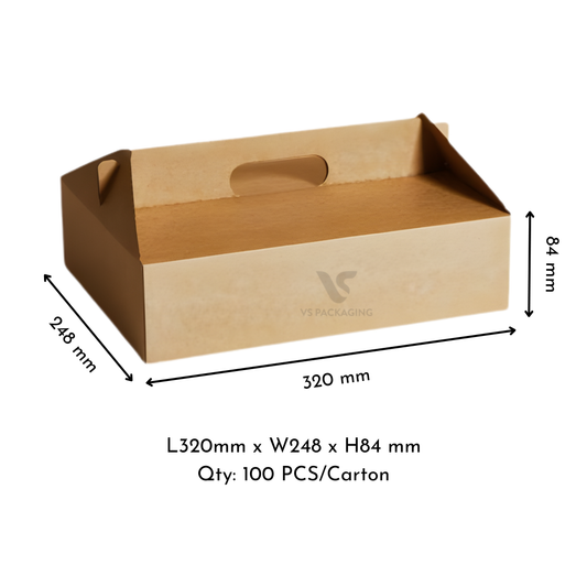 Kraft Corrugated Carry Box 2 Medium – eco-friendly takeaway food box, 320 × 248 × 84 mm, recyclable kraft cardboard, 100 per carton.