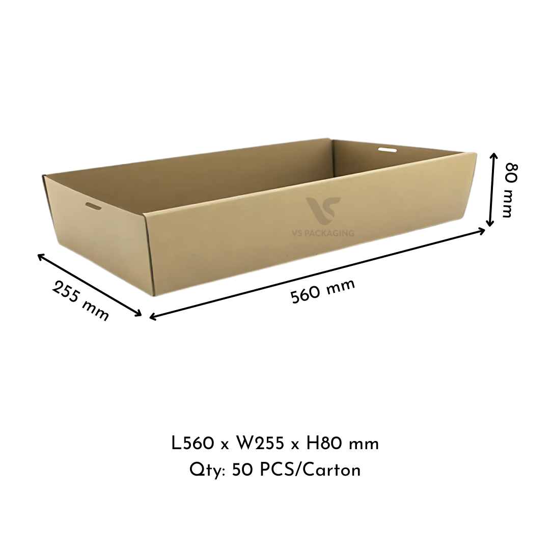 Kraft Corrugated Catering Tray (Premium) Large Base – 560×255×80mm Cardboard Food Tray supplied by VS Packaging Australia (50pcs / Carton)