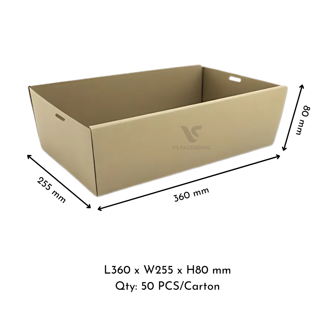 Kraft Corrugated Catering Tray (Premium) Medium Base – 360×255×80mm Cardboard Food Tray supplied by VS Packaging Australia (50pcs / Carton)