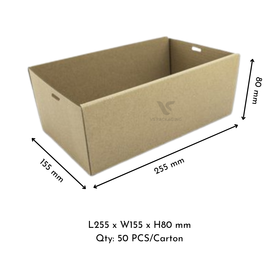 Kraft Corrugated Catering Tray (Premium) Small – 225×155×80mm Cardboard Food Tray supplied by VS Packaging Australia (50pcs / Carton)