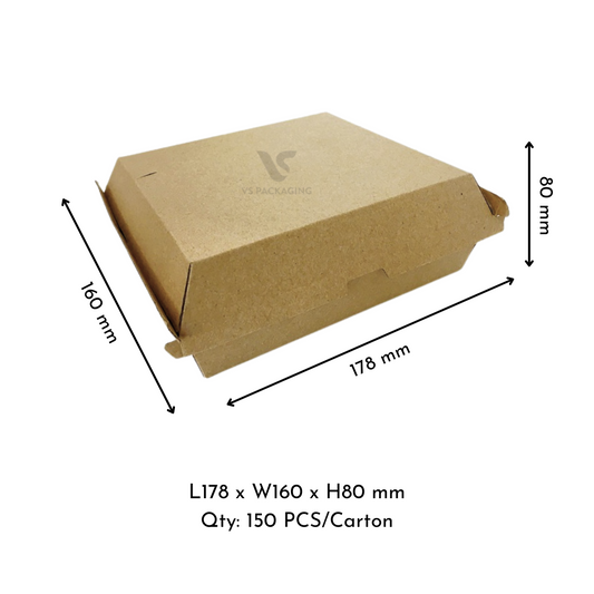 Kraft Corrugated Dinner Box – Clamshell 178 × 160 × 80mm – Eco Takeaway Packaging – VS Packaging