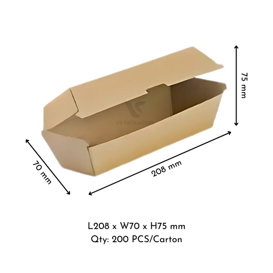 Kraft Corrugated Hot Dog Box – Clamshell 208 × 70 × 75mm – Eco Takeaway Packaging – VS Packaging