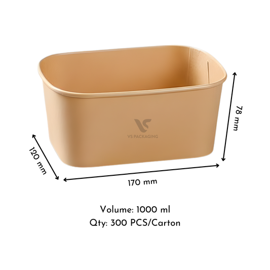 Kraft Rectangular Container 1000 ml Base – eco-friendly kraft paper food container 172 mm top diameter × 78 mm width × 102 mm height, 300 per carton.