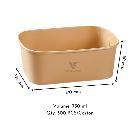 Kraft Rectangular Container 750 ml Base – eco-friendly kraft paper takeaway food box 172 mm top diameter × 57 mm width × 102 mm height, 300 per carton.