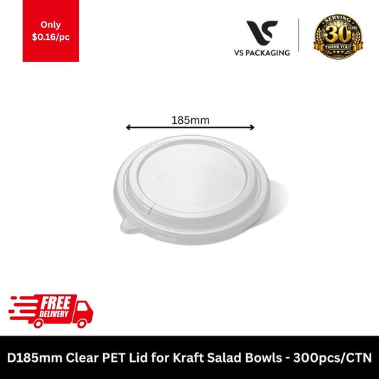 D185mm Clear PET Lid for Kraft Salad Bowls 1500ml - 300pcs/CTN VS Packaging