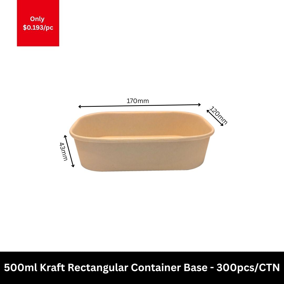 500ml kraft rectangular takeaway food container base for salads, rice meals, noodles, meal prep and food delivery packaging