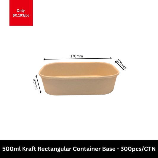 500ml kraft rectangular takeaway food container base for salads, rice meals, noodles, meal prep and food delivery packaging