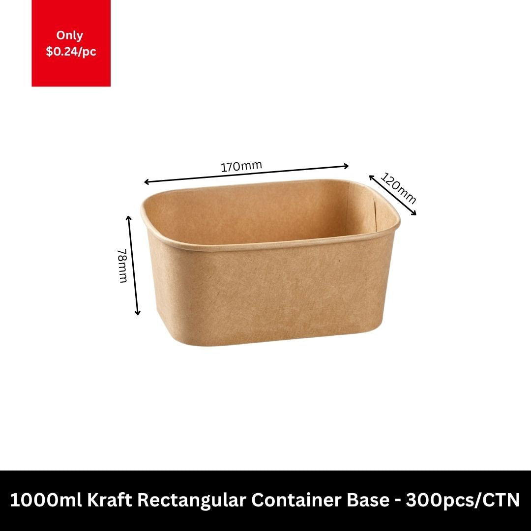 1000ml kraft rectangular takeaway food container base for meal prep, salads, pasta, rice dishes and food delivery packaging