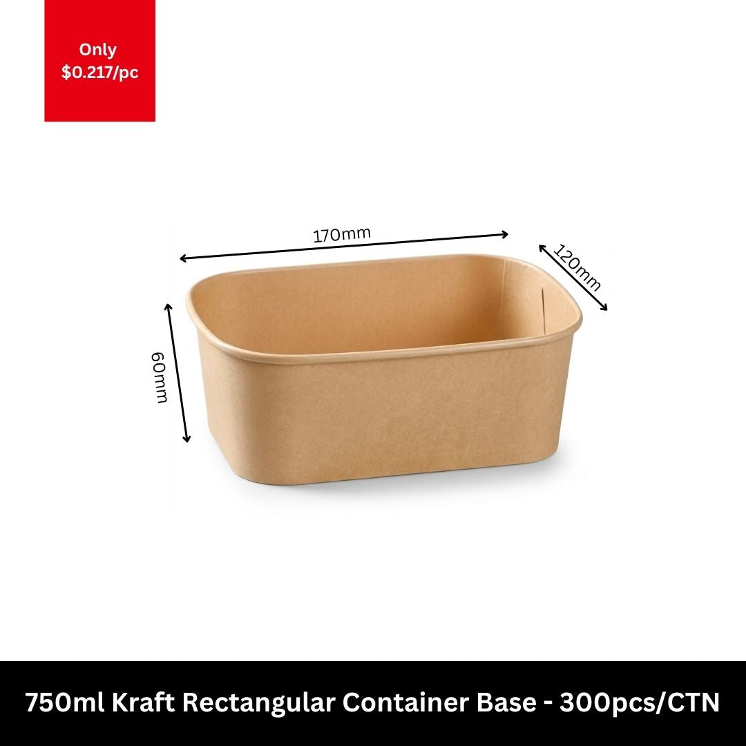 750ml kraft rectangular takeaway food container base for meal prep, salads, noodles, rice meals and food delivery packaging