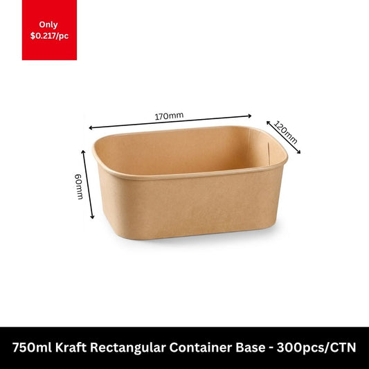 750ml kraft rectangular takeaway food container base for meal prep, salads, noodles, rice meals and food delivery packaging
