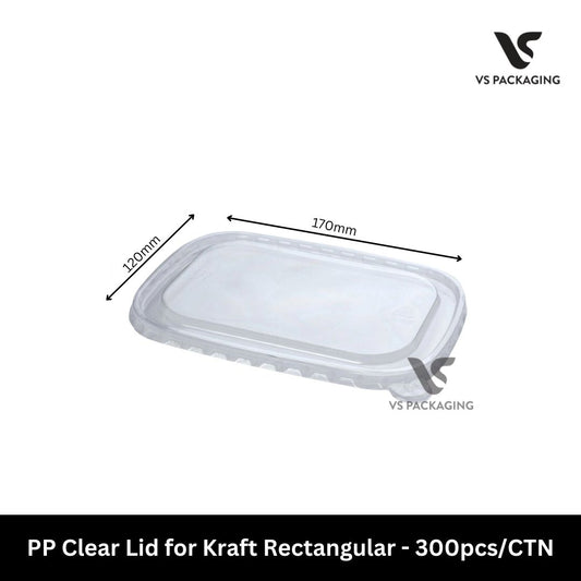 Clear PP lids for kraft rectangular food containers 500ml to 1000ml - VS Packaging Australia.
