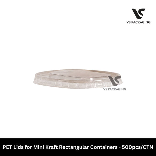 Paperway PET Lids for Mini Kraft Rectangular Containers – clear, leak-resistant food-grade PET lids for 150 ml and 250 ml Papeway containers, 500 per carton.
