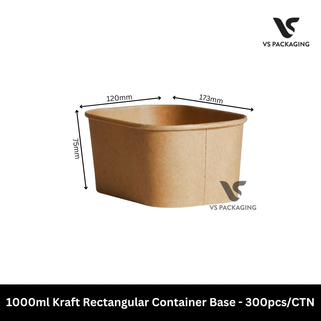 1000ml kraft rectangular takeaway food container base for meal prep, salads, pasta, rice dishes and food delivery packaging
