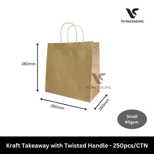 Kraft Takeaway / Uber Paper Bag with Twisted Handle 280x280x160mm Small 90gsm - 250pcs/CTN VS Packaging