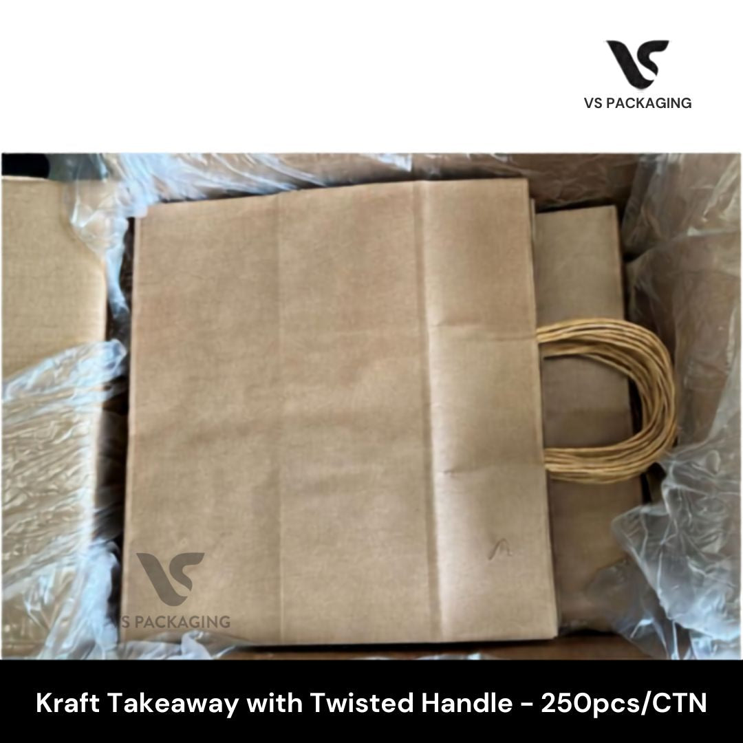 Kraft Takeaway / Uber Paper Bag with Twisted Handle 280x280x160mm Small 90gsm - 250pcs/CTN VS Packaging