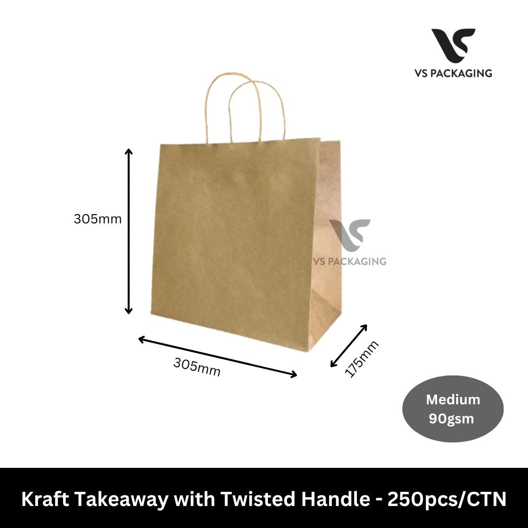Kraft Takeaway / Uber Paper Bag with Twisted Handle 305x305x175mm Medium 90gsm - 250pcs/CTN VS Packaging