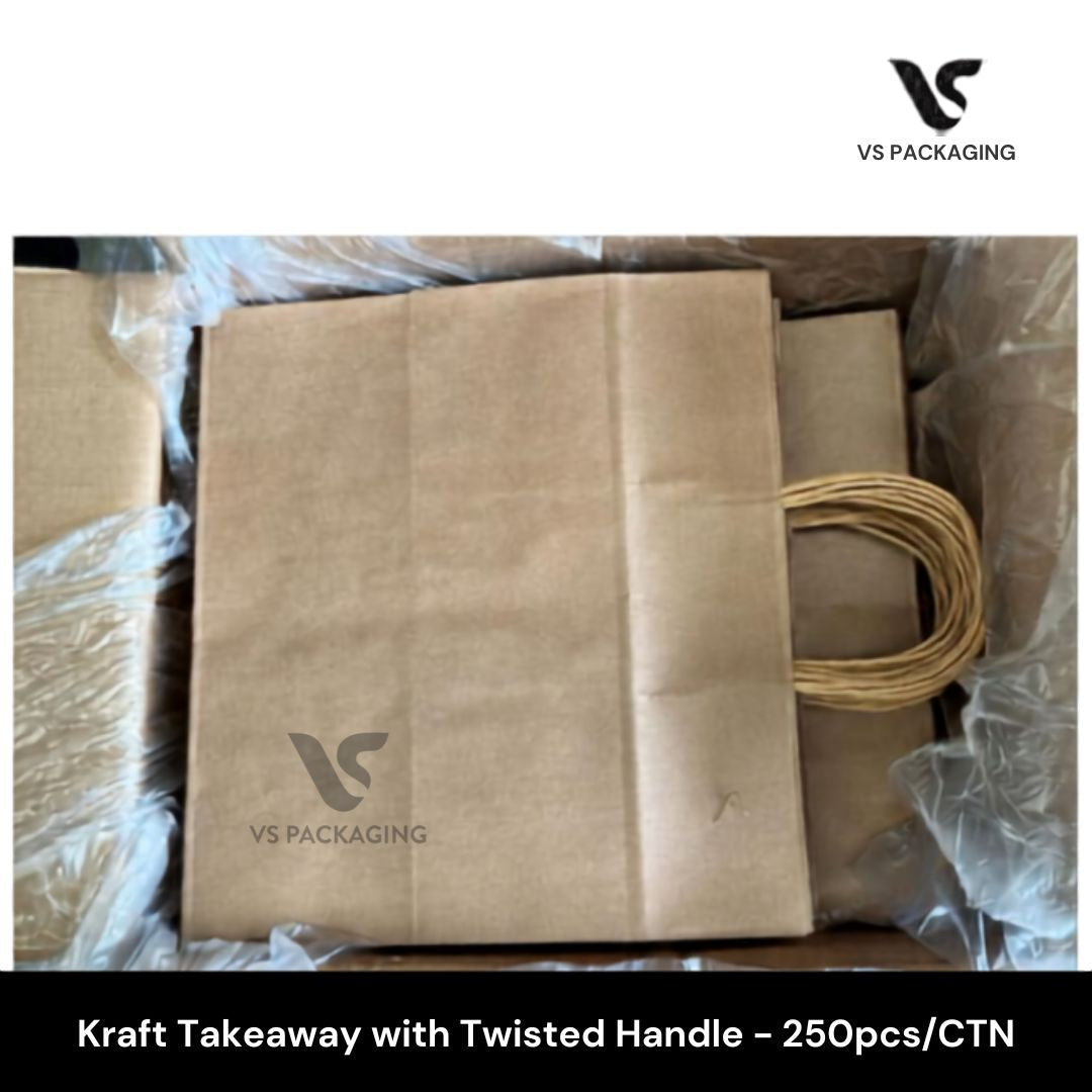 Kraft Takeaway / Uber Paper Bag with Twisted Handle 305x305x175mm Medium 90gsm - 250pcs/CTN VS Packaging