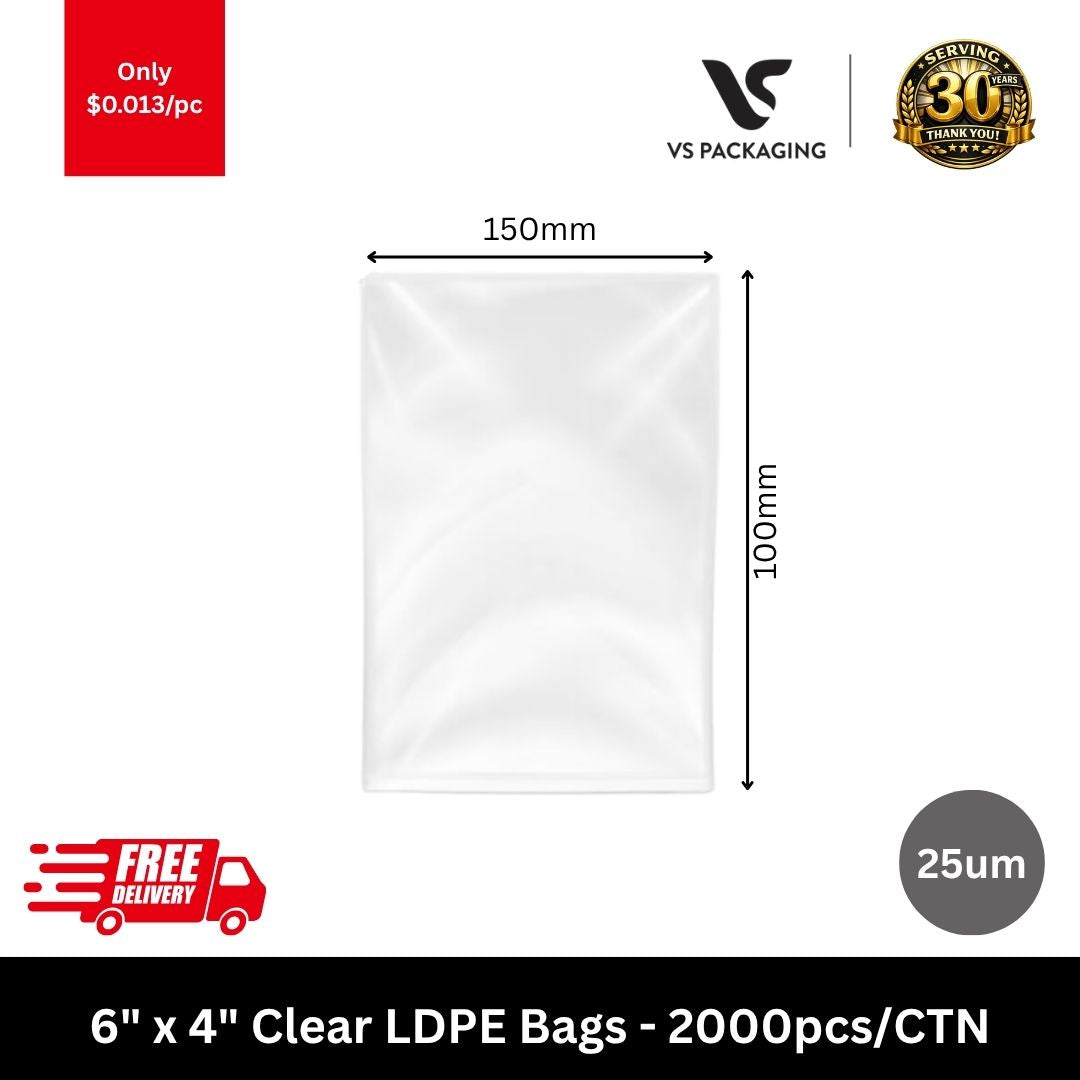 6 x 4 inch clear 25um LDPE plastic bags 150mm x 100mm 2000pcs carton packaging supplies