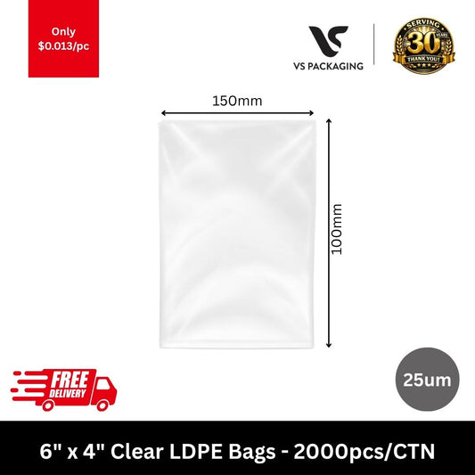 6 x 4 inch clear 25um LDPE plastic bags 150mm x 100mm 2000pcs carton packaging supplies