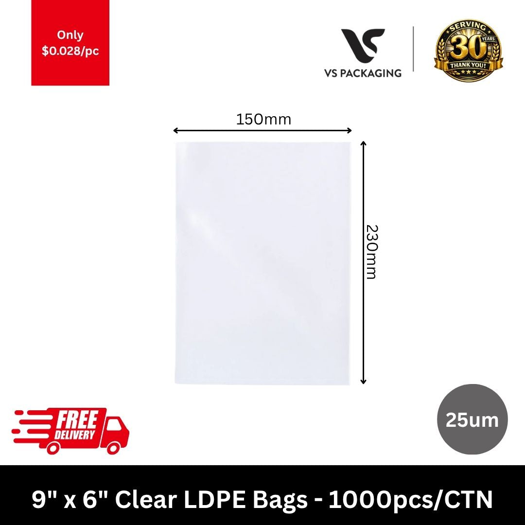 9 x 6 inch clear 25um LDPE plastic bags 230mm x 150mm 1000pcs carton packaging supplies