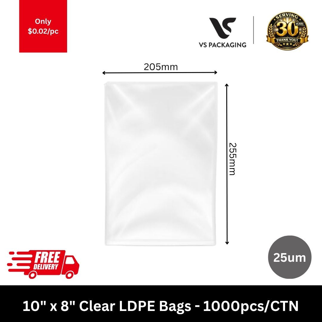 10 x 8 inch clear 25um LDPE plastic bags 255mm x 205mm 1000pcs carton packaging supplies