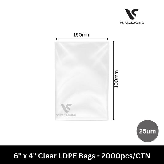 6" x 4" Clear LDPE Bags 25um 150mm x 100mm - 2000pcs/CTN VS Packaging