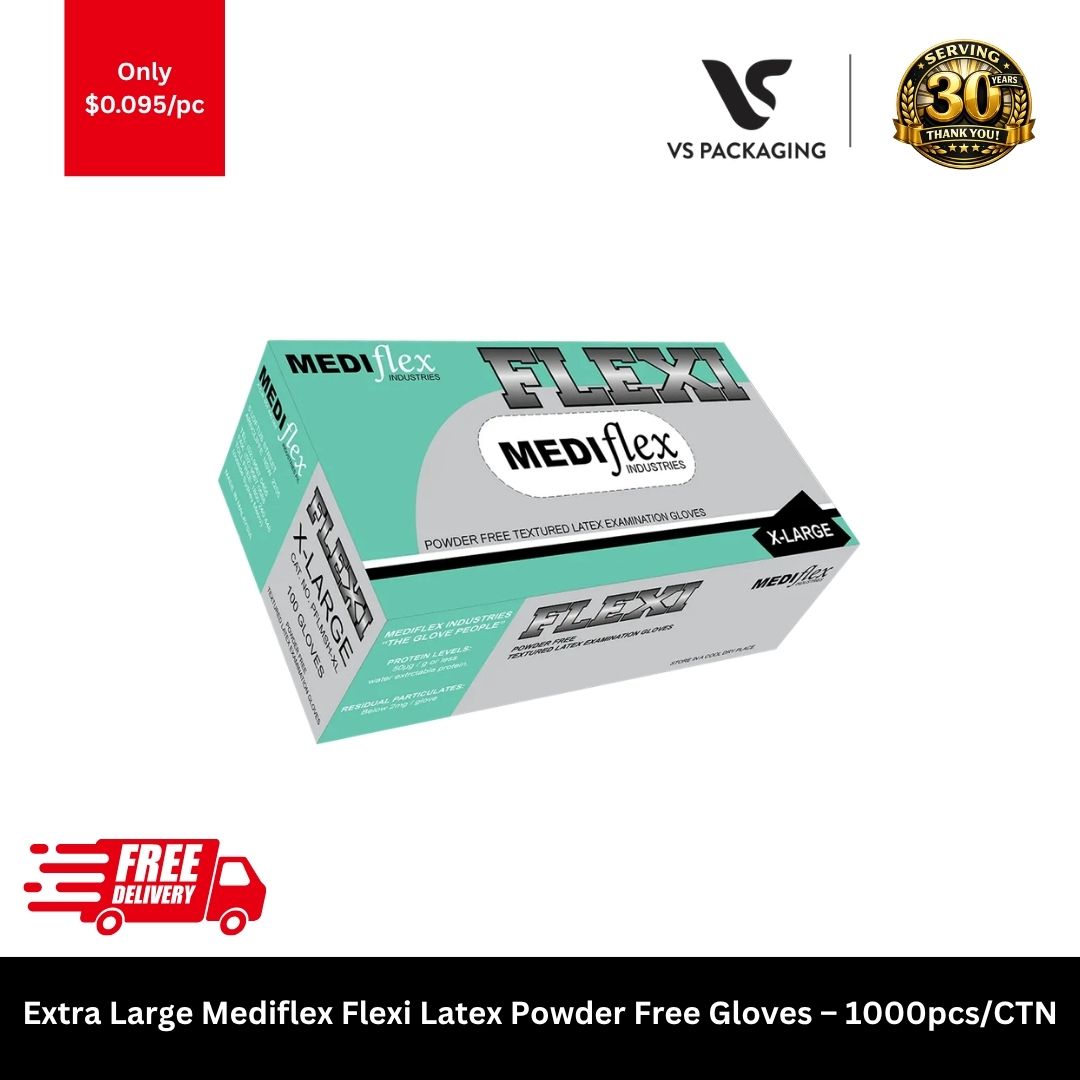 Extra Large Mediflex Flexi latex powder free disposable gloves food handling healthcare cleaning 1000pcs carton
