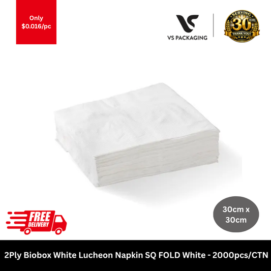 2 ply white luncheon napkins square fold 300x300mm biobox 2000pcs bulk Australia