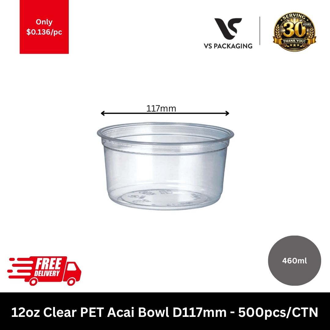 12oz PET clear round container 356ml acai bowl takeaway container D117mm with clear plastic design for desserts and cold food