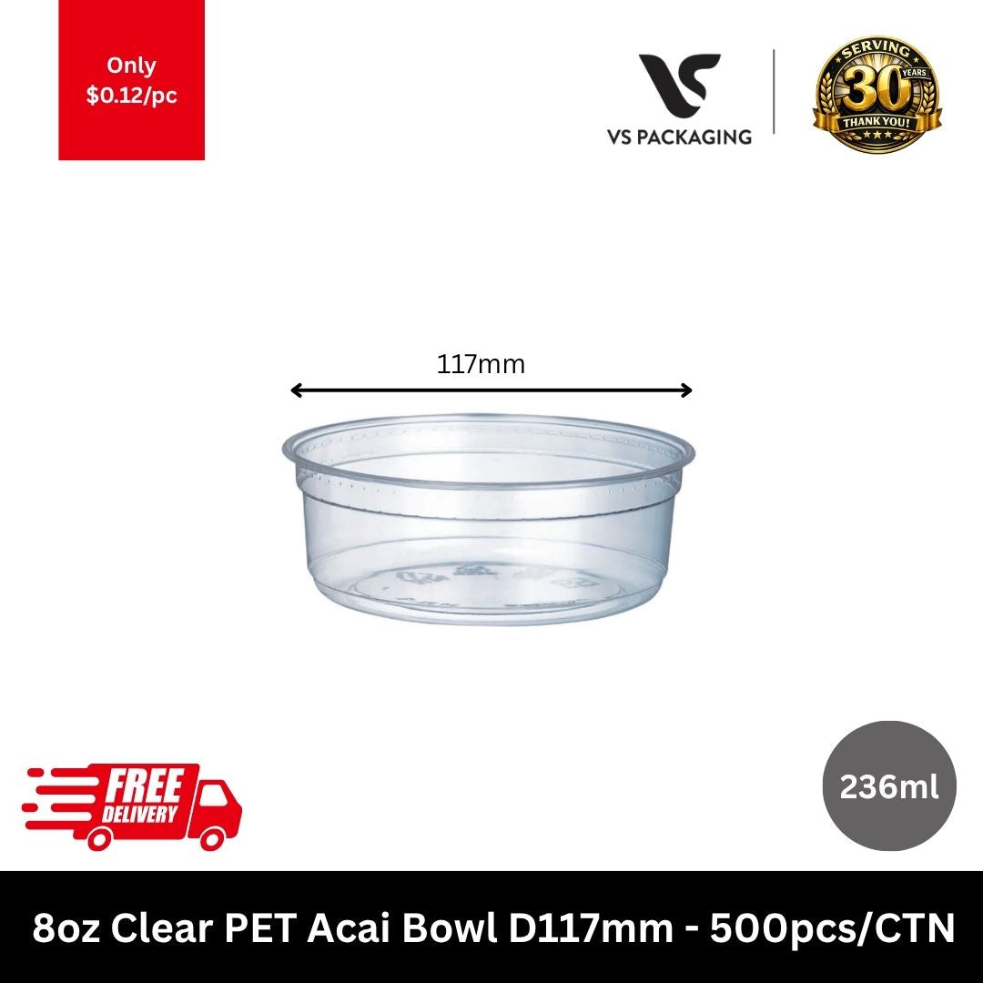 Crystal clear 8oz PET acai bowl and dessert container for cafes and catering 500pcs - VS Packaging Australia.