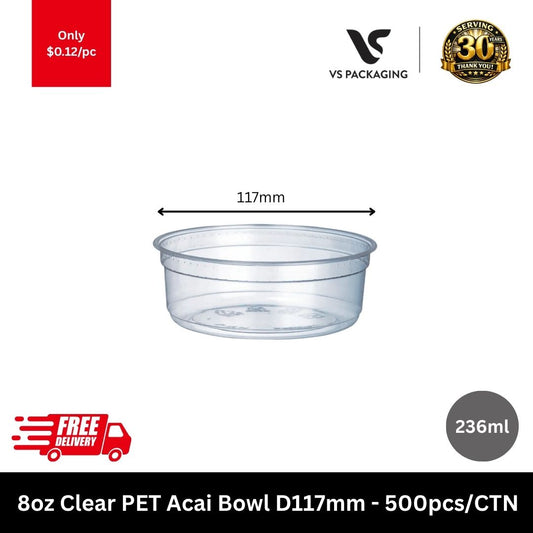 Crystal clear 8oz PET acai bowl and dessert container for cafes and catering 500pcs - VS Packaging Australia.