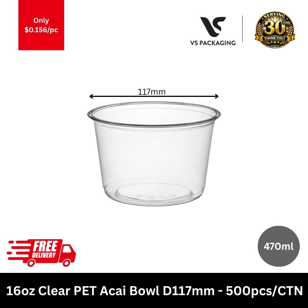 Bulk 16oz clear PET acai bowl and dessert containers 470ml for cafes and juice bars 500pcs - VS Packaging Australia.