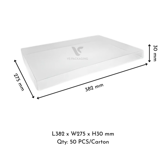 PET Clear Lids for Corrugated Catering Tray Premium Medium – 382×275×30mm supplied by VS Packaging Australia (50pcs / Carton)