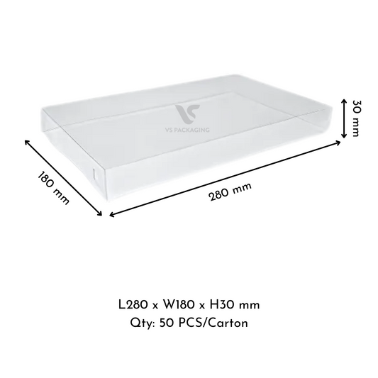 PET Clear Lids for Corrugated Catering Tray (Premium) Small – 280×180×30mm supplied by VS Packaging Australia (50pcs / Carton)