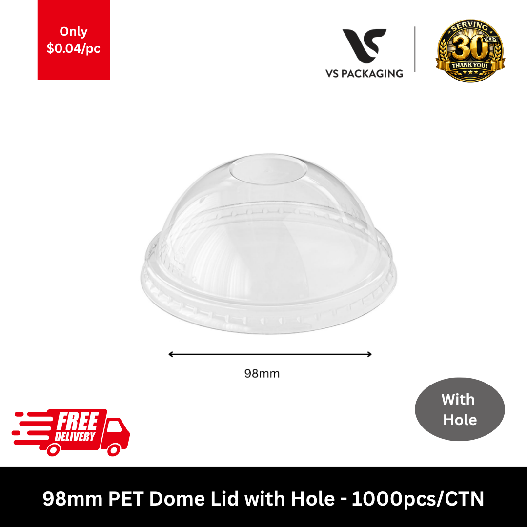 Clear 98mm PET dome lids with hole for 14oz to 24oz cups used in cafes takeaway drinks Australia