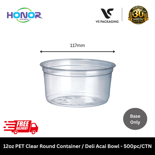 Clear 12oz PET round container deli acai bowl Honor brand takeaway food packaging Australia