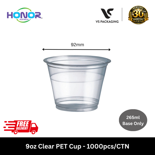 Clear 9oz PET cups 265ml base only Honor brand for takeaway drinks Australia