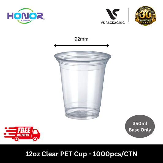 Clear 12oz PET cups 350ml base only Honor brand for takeaway drinks Australia