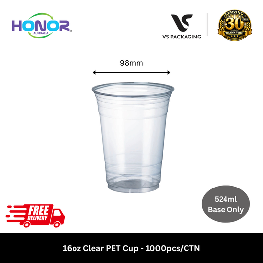 Clear 16oz PET cups 524ml Honor brand for takeaway drinks Australia
