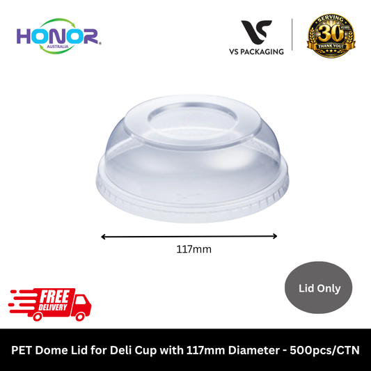 Clear PET dome lids 117mm for deli cups Honor brand takeaway food containers Australia