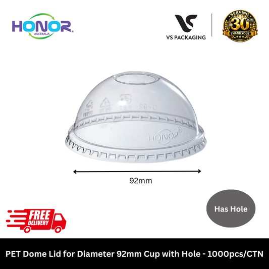 Clear 92mm PET dome lids with hole Honor brand for takeaway drink cups Australia