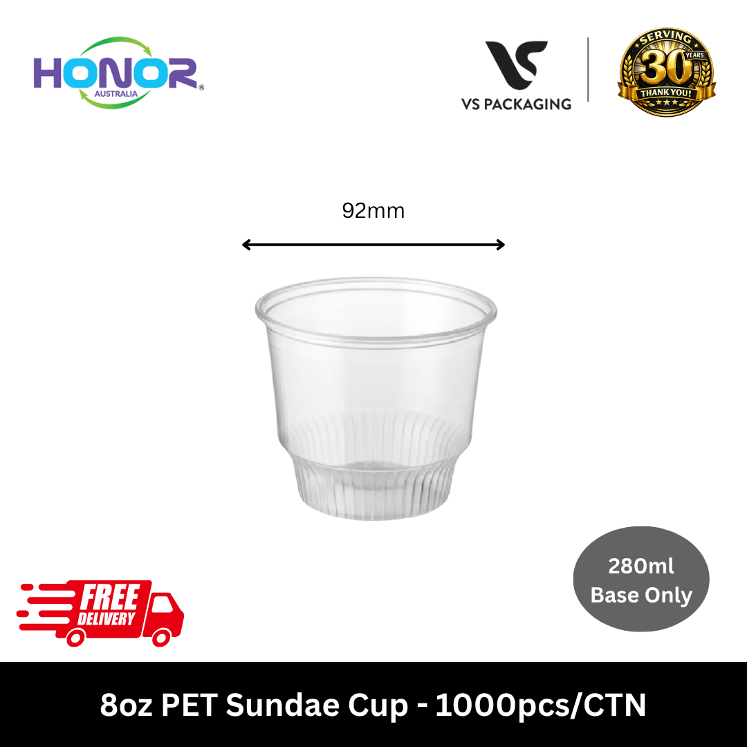 Clear 8oz PET sundae cups 280ml Honor brand for desserts ice cream takeaway Australia
