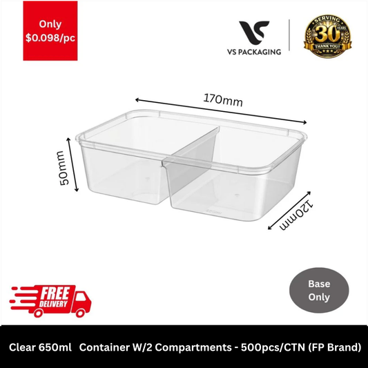 Clear 650ml rectangular container 2 compartment takeaway food container microwave safe Australia