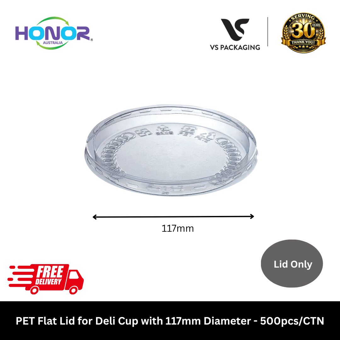 Clear PET flat lids 117mm for deli cups Honor brand takeaway food containers Australia
