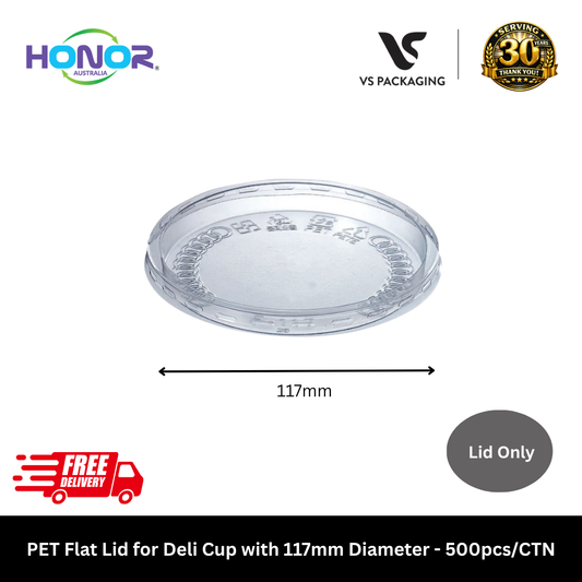 Clear PET flat lids 117mm for deli cups Honor brand takeaway food containers Australia